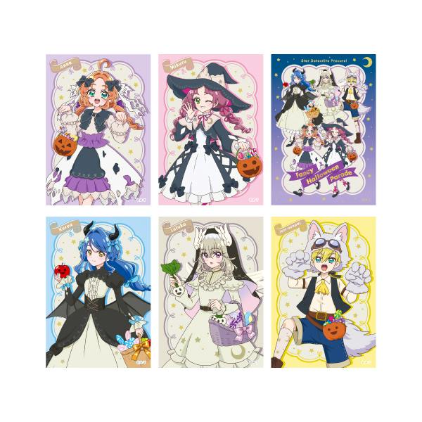 Main image shows all six photocards from the Fancy Halloween Parade photocard set featuring Detective Precure characters in Halloween costumes.