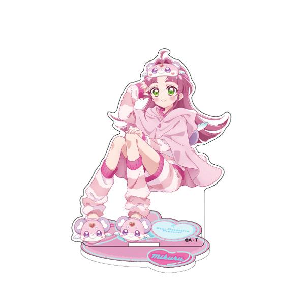 Acrylic stand of 小林みくる from 名探偵プリキュア！ wearing pink roomwear and sitting on a decorative base.