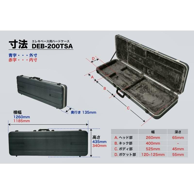 Open and closed Deviser ABS hard case for electric bass shown with the plush-lined interior and dimension measurements.