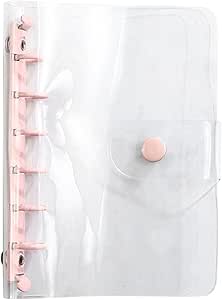 Clear PVC A7 personal organizer binder with pink six-hole ring spine and a pink snap-button closure.
