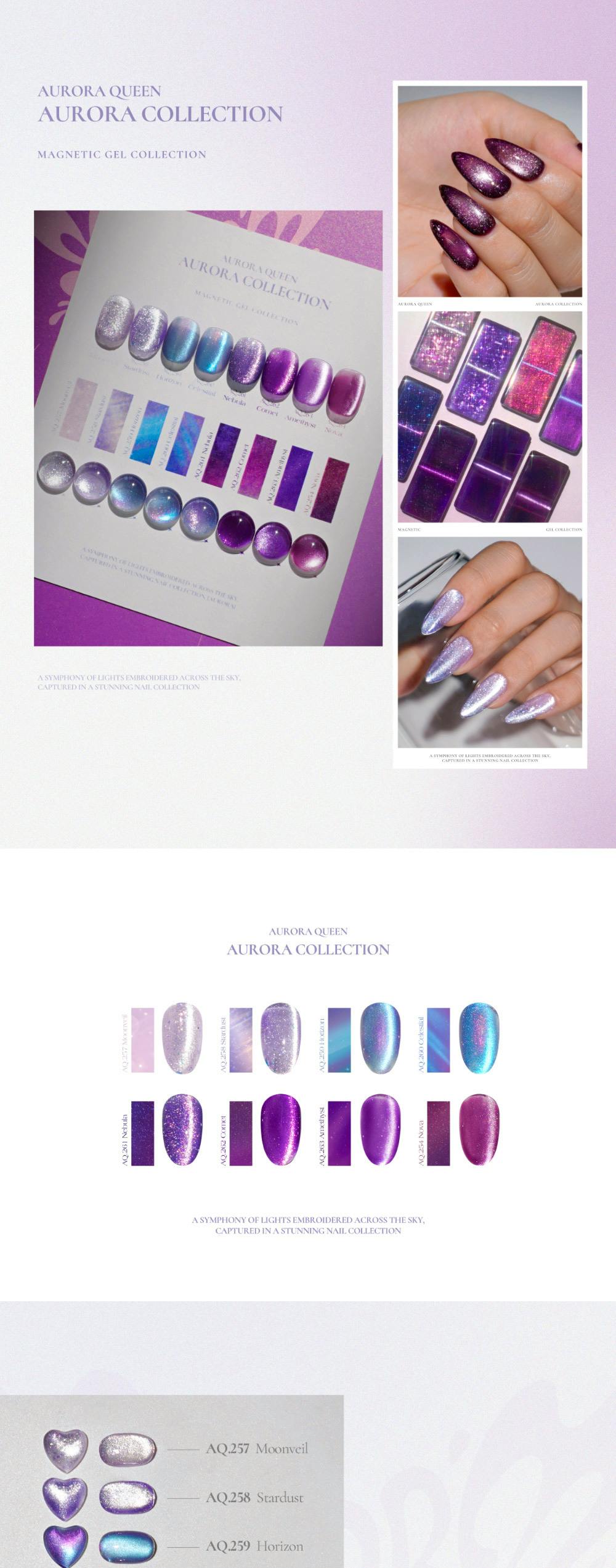 Collage showing DGEL Aurora Collection magnetic gel color swatches, sample nail tips, and photos of manicured hands.