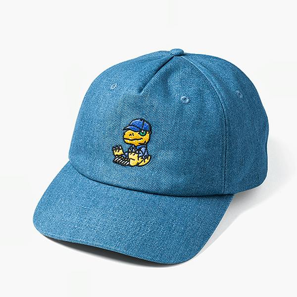 Denim baseball cap with a small embroidered Agumon character on the front, shown on a white background.