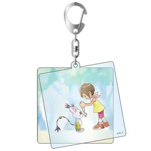 A layered acrylic keychain depicting Hikari and Tailmon facing each other inside overlapping square panels with a metal clasp.