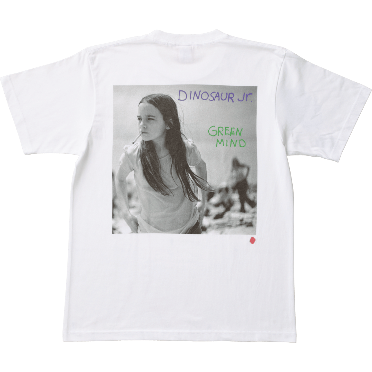 White men's T-shirt shown from the back with a large black-and-white photo of a girl and purple "DINOSAUR JR." and green "GREEN MIND" text printed on it.