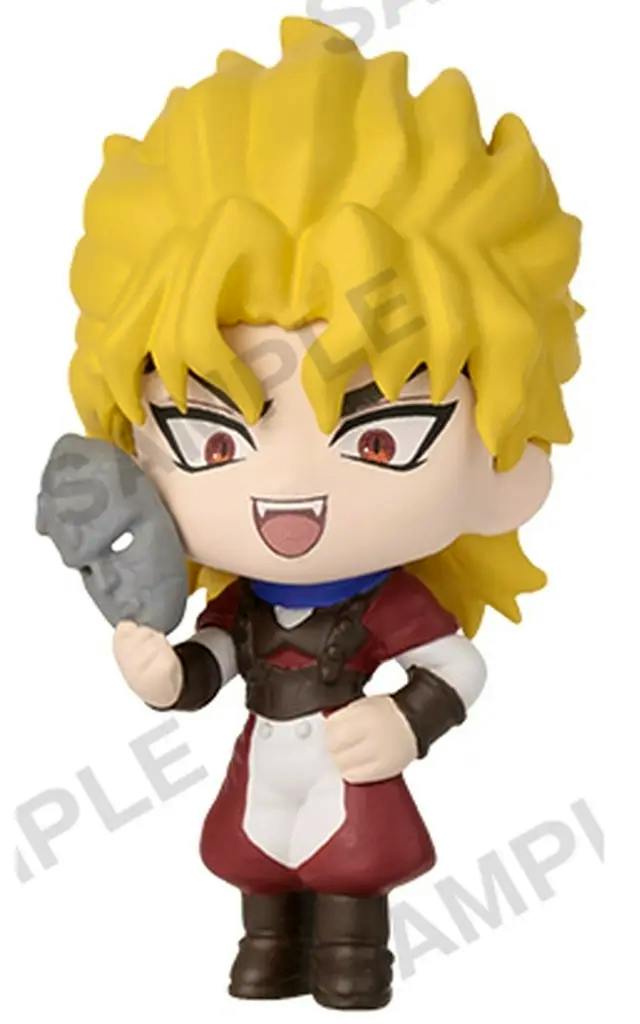 Front view of the Dio Brando trading figure showing the plastic figure with yellow hair, a red outfit, and a gray mask held in its hand.