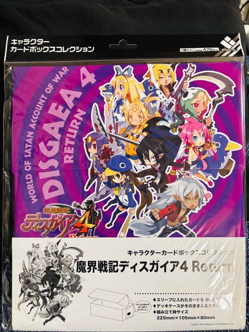 Front view of the 魔界戦記ディスガイア4 character card storage box in original packaging, showing colorful character artwork and Japanese text.