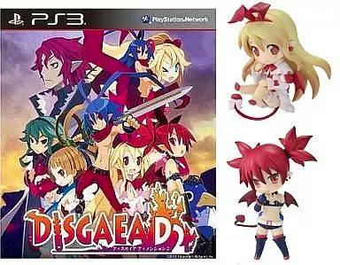 Front cover art of the PS3 game Disgaea D2 on the left with two small character figurines displayed on the right.