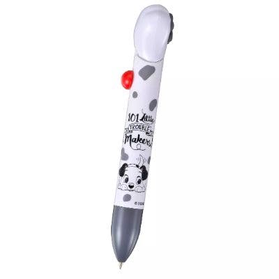 White and gray 101 Dalmatians themed ballpoint pen with printed Dalmatian graphic, paw-shaped top, and red button.