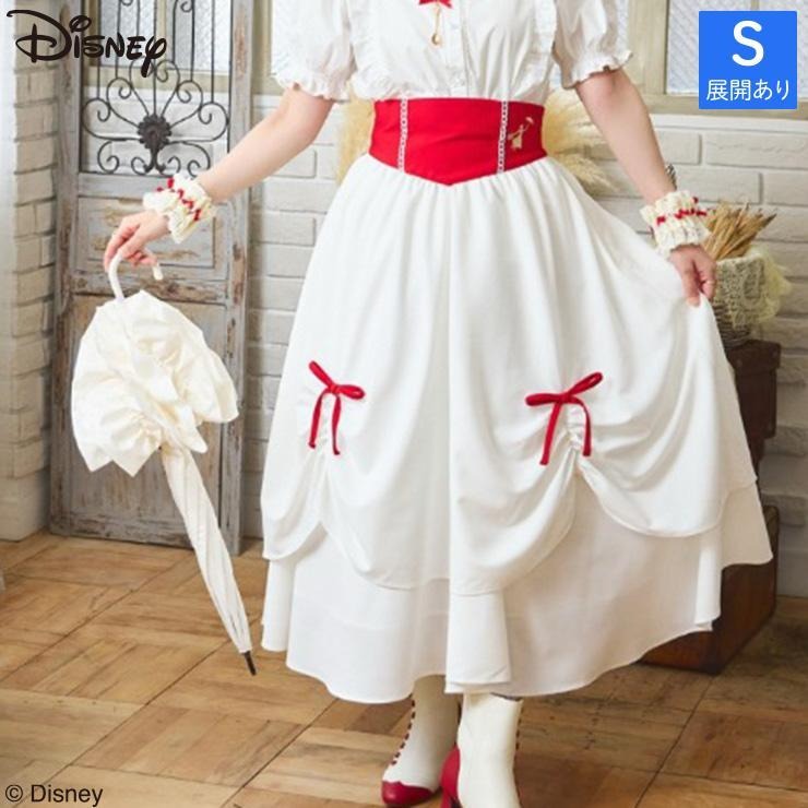Model wearing a white Disney women's skirt with red bow accents, shown with a parasol and boots.