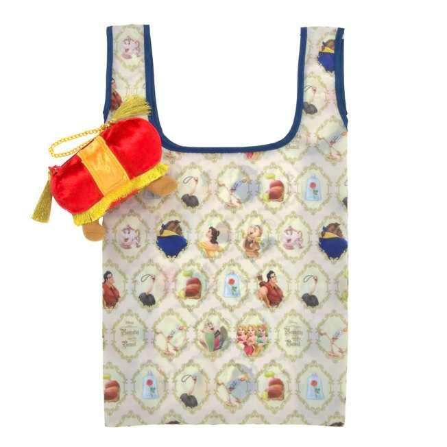 Polyester foldable shopping bag printed with Beauty and the Beast character motifs and shown with the included red cushion-style pouch attached.