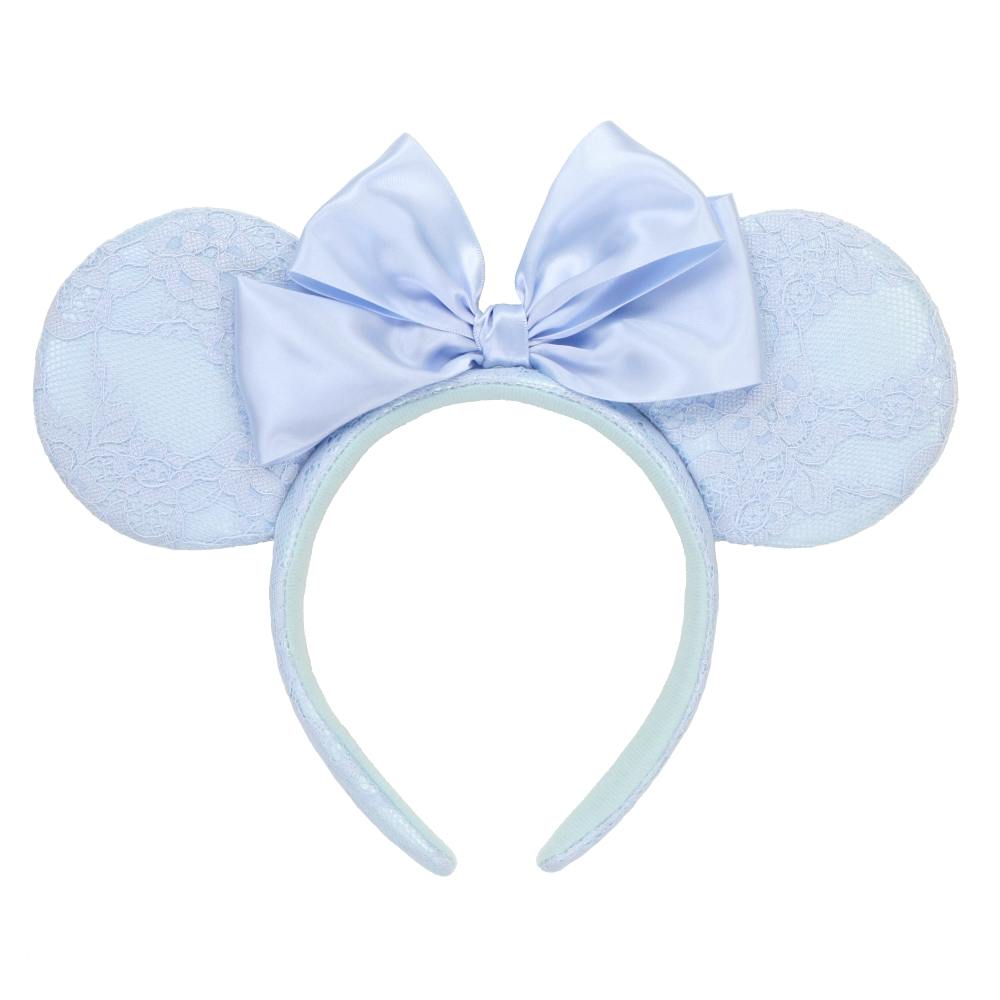 Light blue Disney Minnie headband with lace-covered ears and a satin bow.