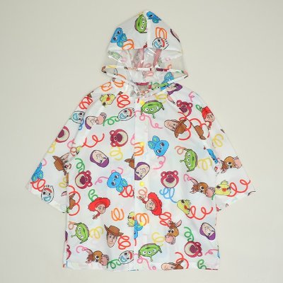 Disney character patterned raincoat laid flat showing the hood and front view.