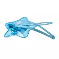 Blue star-shaped kids hair clip showing Elsa's face with small star glitter inside, on a white background.