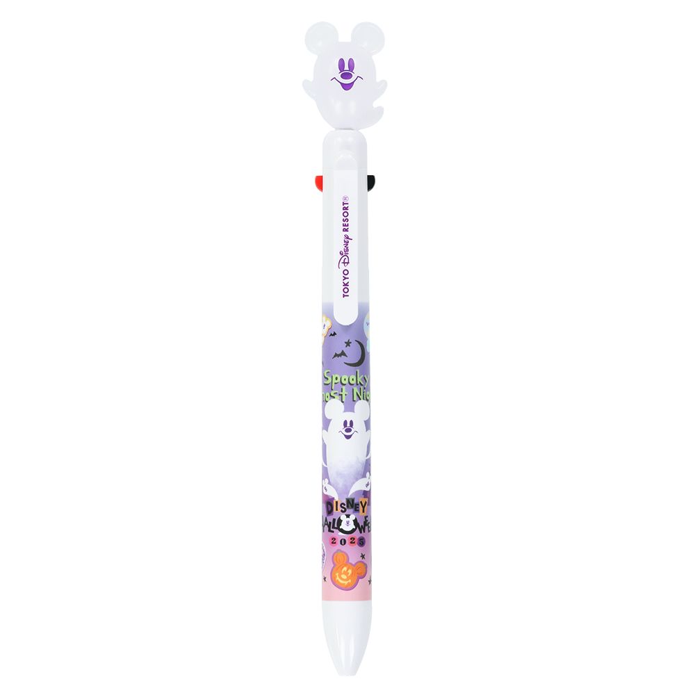 Front view of a Disney Halloween-themed 3-color ballpoint and mechanical pencil combo pen with a Mickey-shaped topper and Halloween graphics on the barrel.