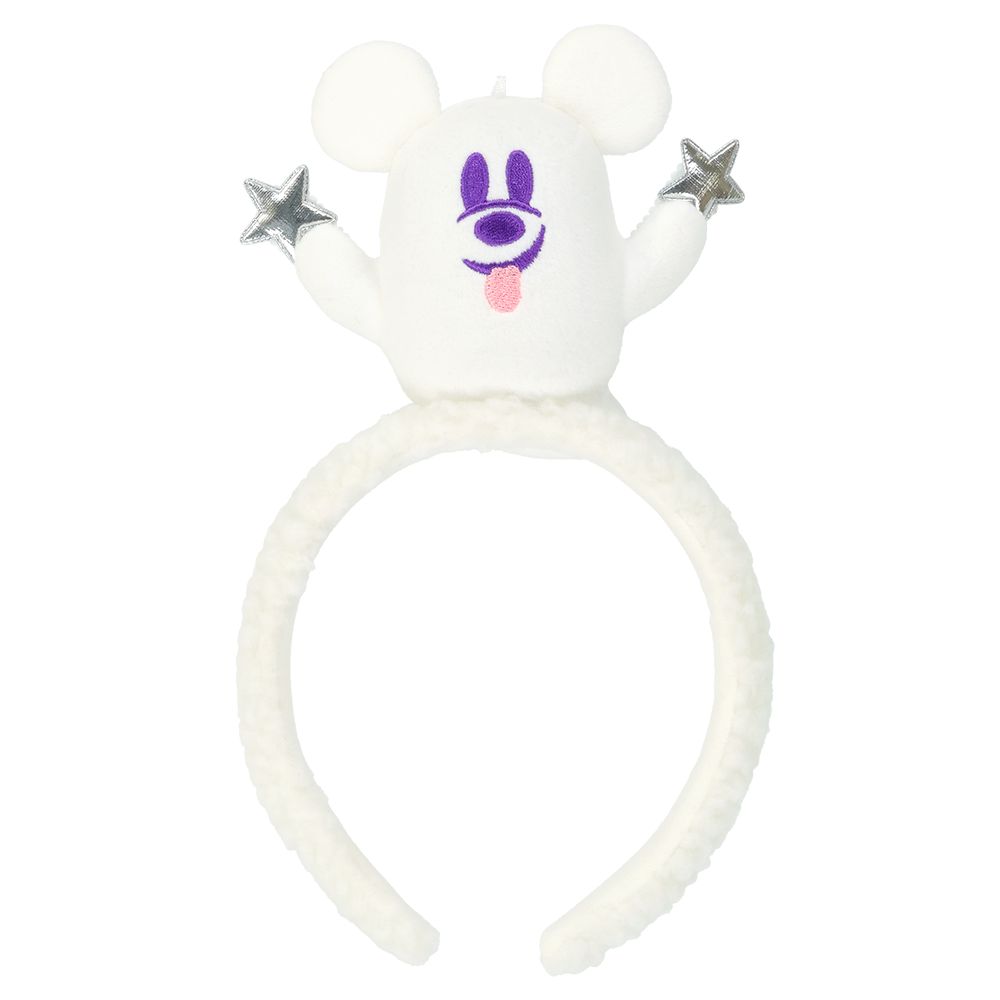 A white plush Disney Halloween headband with a ghost-like character on top and two silver star-shaped hands.