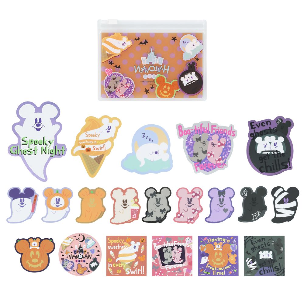 A display of twenty Halloween-themed Disney stickers arranged below a small transparent slide-zip plastic case.