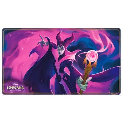 Official Disney Lorcana TCG playmat showing Maleficent artwork with purple and pink swirling background.