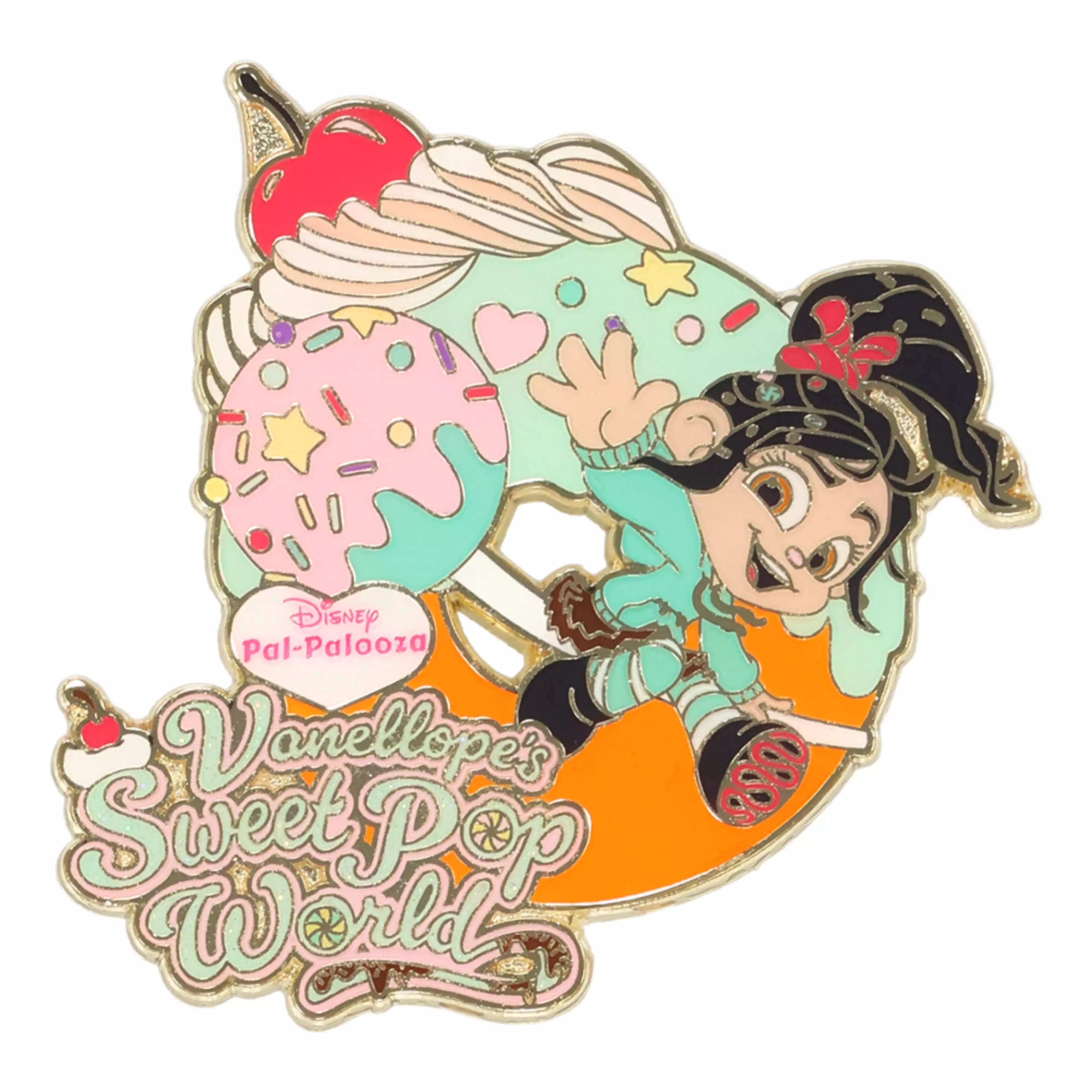 A pin badge showing Vanellope in a colorful "Sweet Pop World" design with ice cream and decorative text.