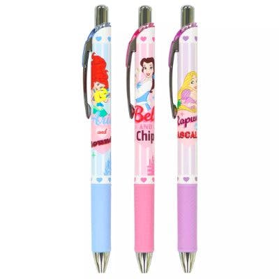 Three Disney Princess EnerGel ballpoint pens with blue, pink, and purple grips showing princess illustrations.