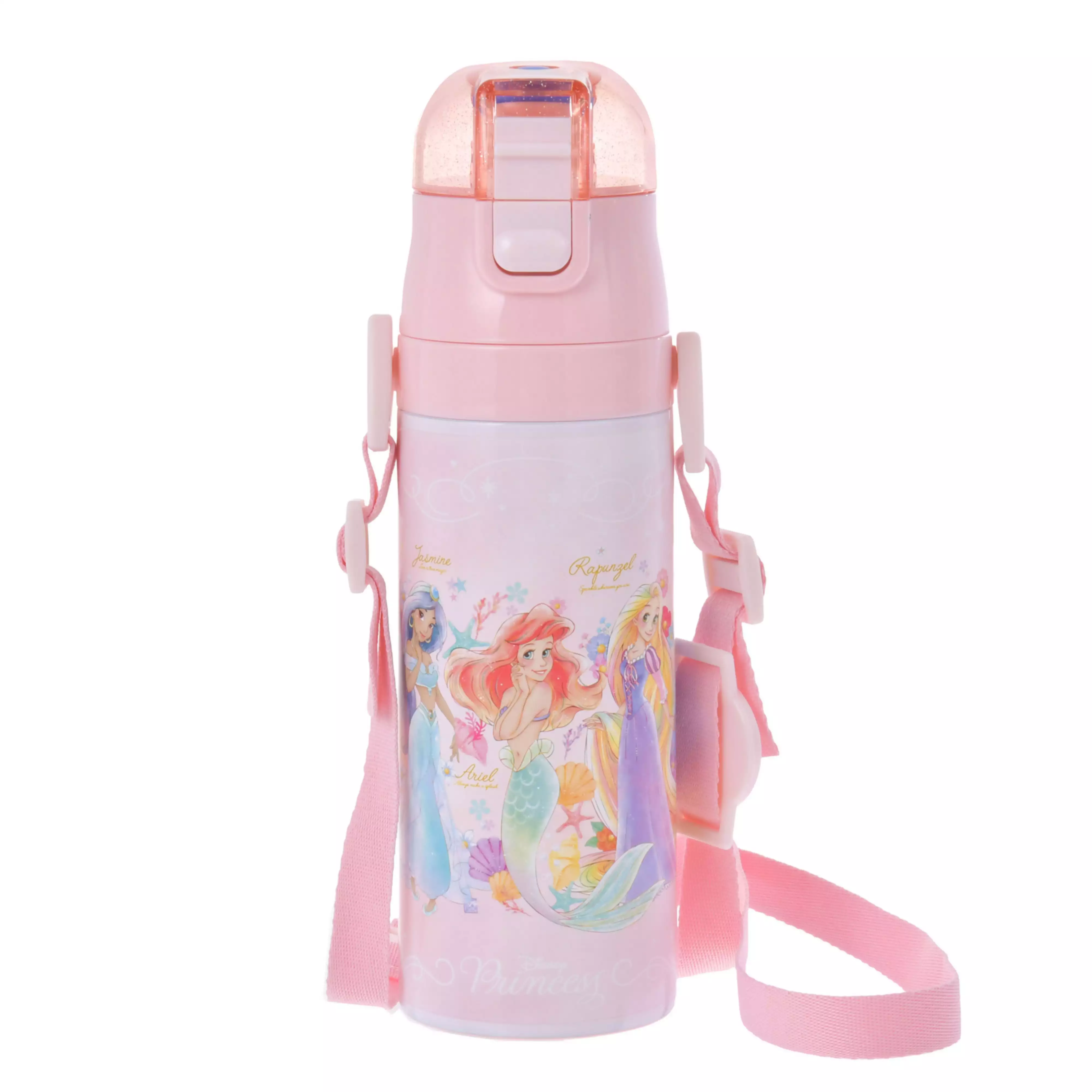 Pink stainless steel kids' Disney Princess water bottle with strap and princess motif.