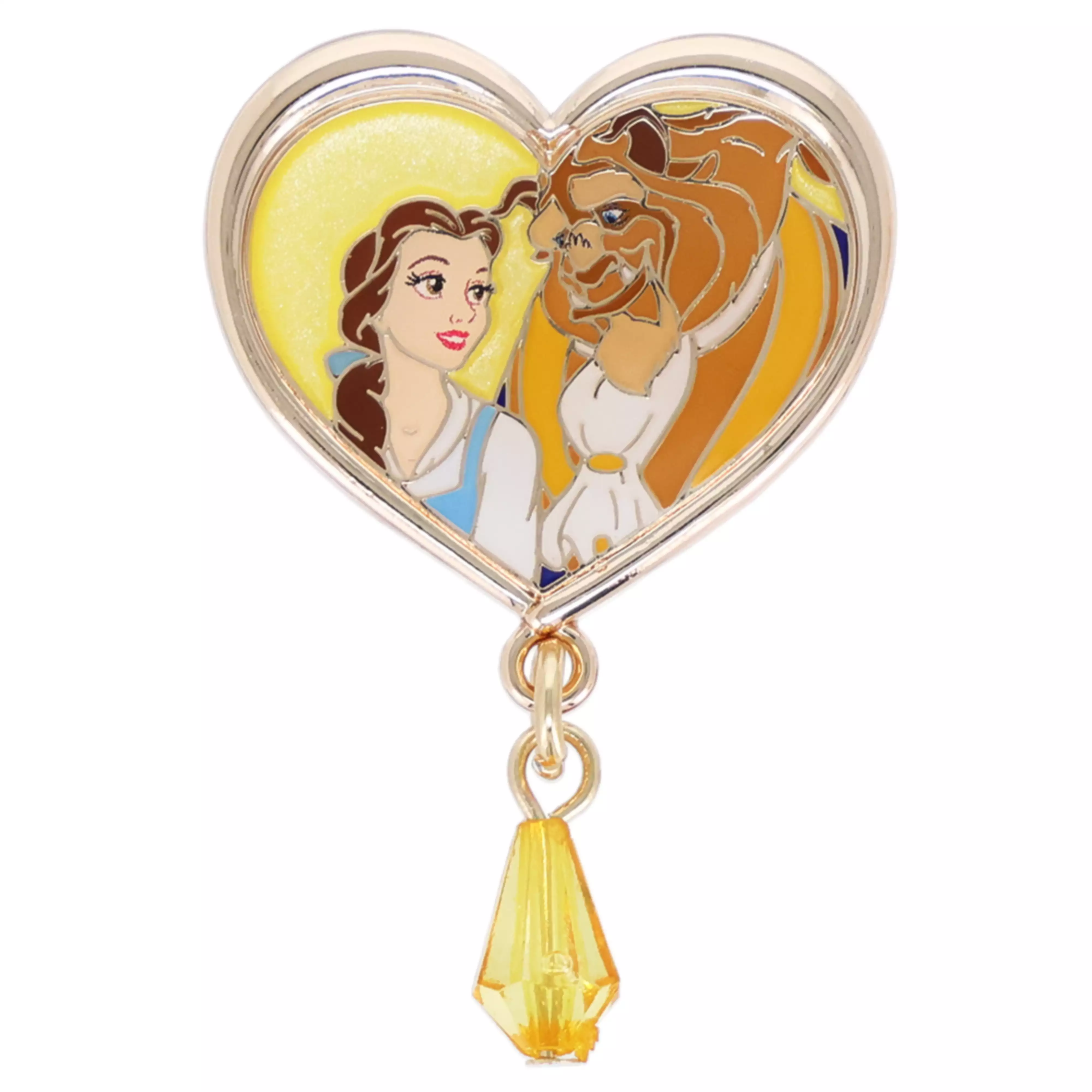 Heart-shaped Disney Princess pin badge depicting Belle and the Beast with a yellow dangling gem.