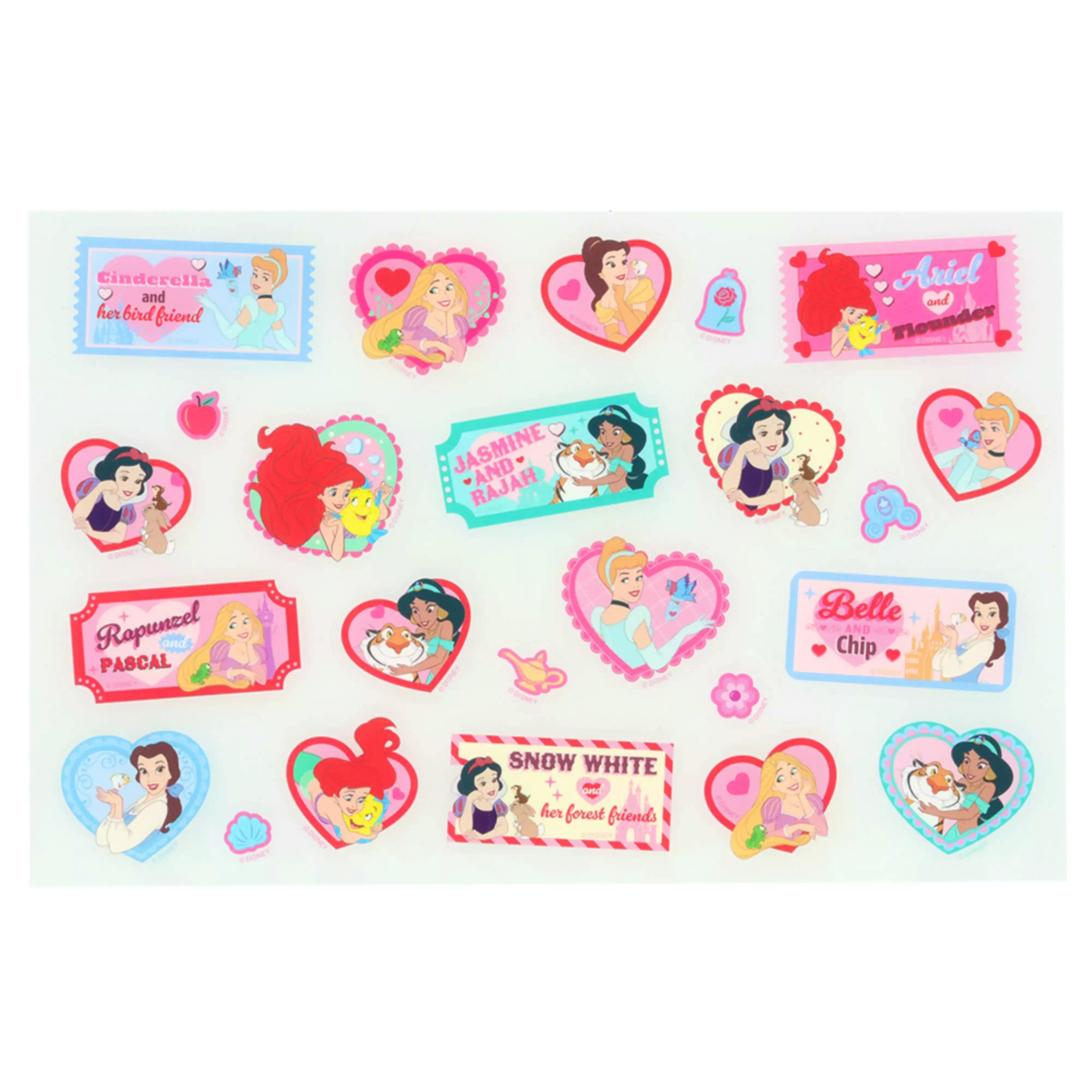 A sheet of Disney Princess paper stickers showing multiple princess illustrations and small decorative stickers on a light background.