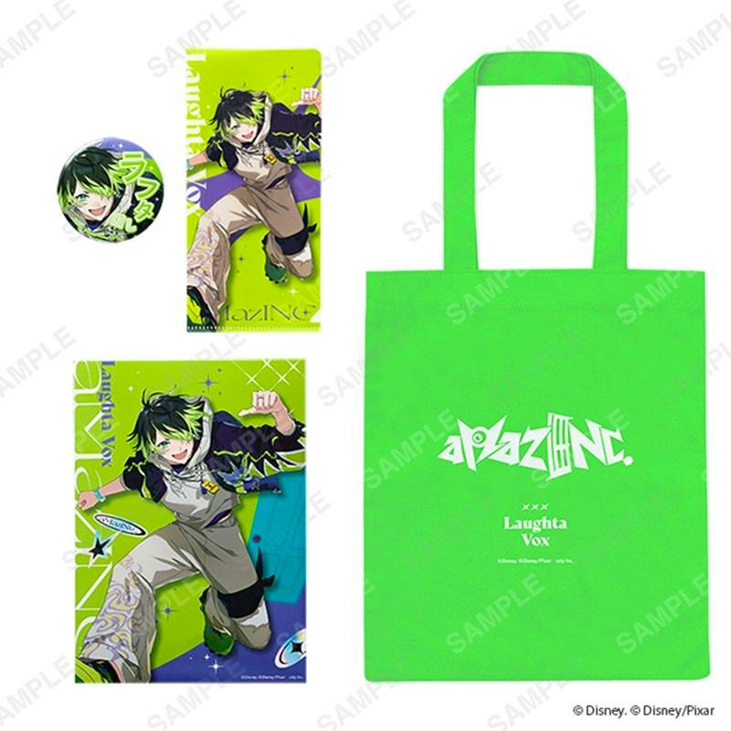 Bright green polyester tote bag with a white logo shown alongside character-themed merchandise from the set.