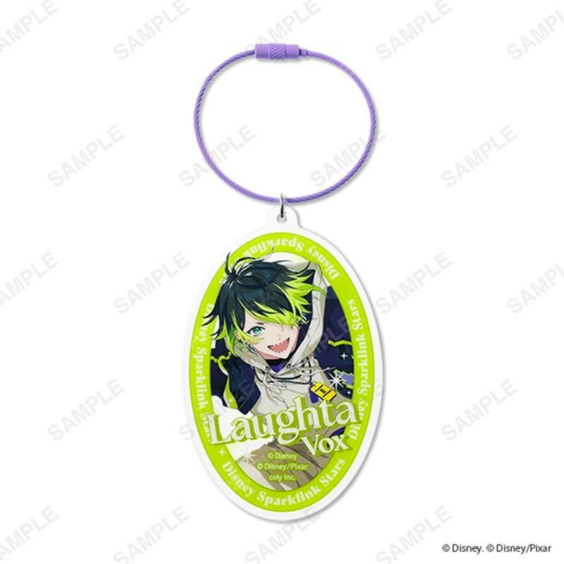 Oval acrylic keychain from the Disney Sparklink Stars series showing character artwork with a purple cable loop on a white background.