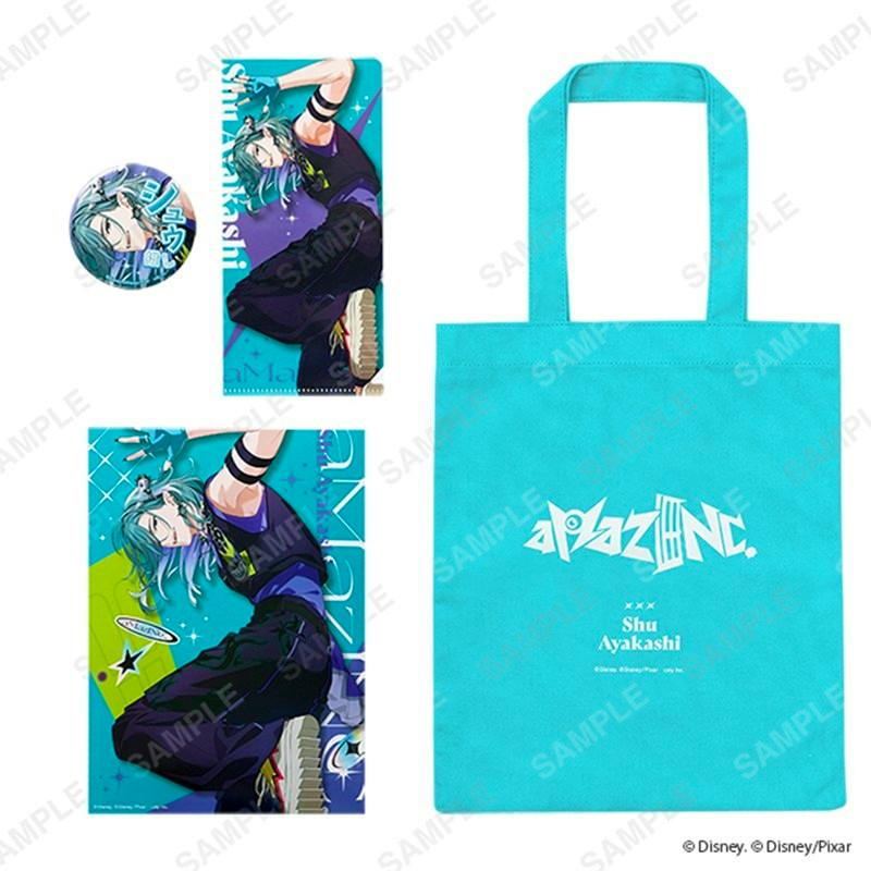 A turquoise polyester tote bag with a white logo is shown beside a round character badge and two illustrated character panels.