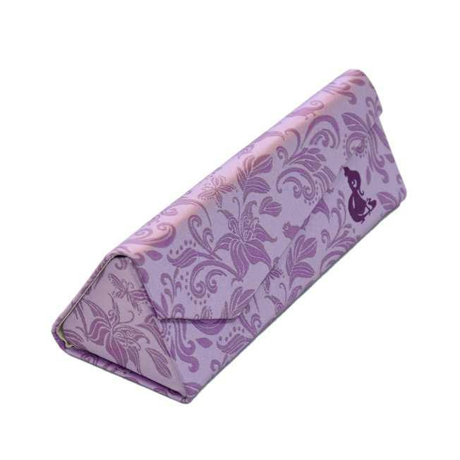 Folded triangular purple polyester eyeglasses case with floral prints and a Rapunzel silhouette.