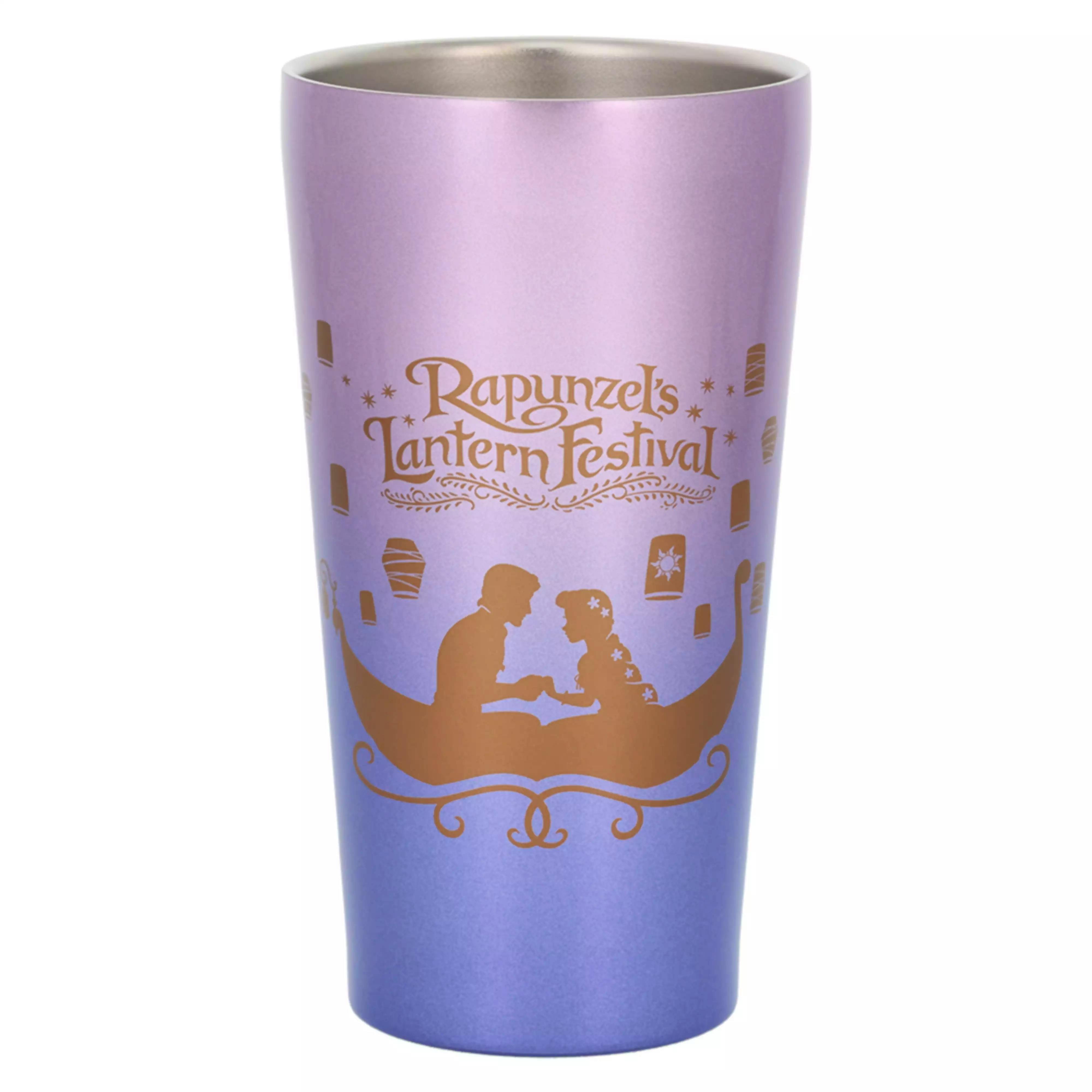 Purple stainless steel tumbler showing gold "Rapunzel's Lantern Festival" text and silhouette artwork.
