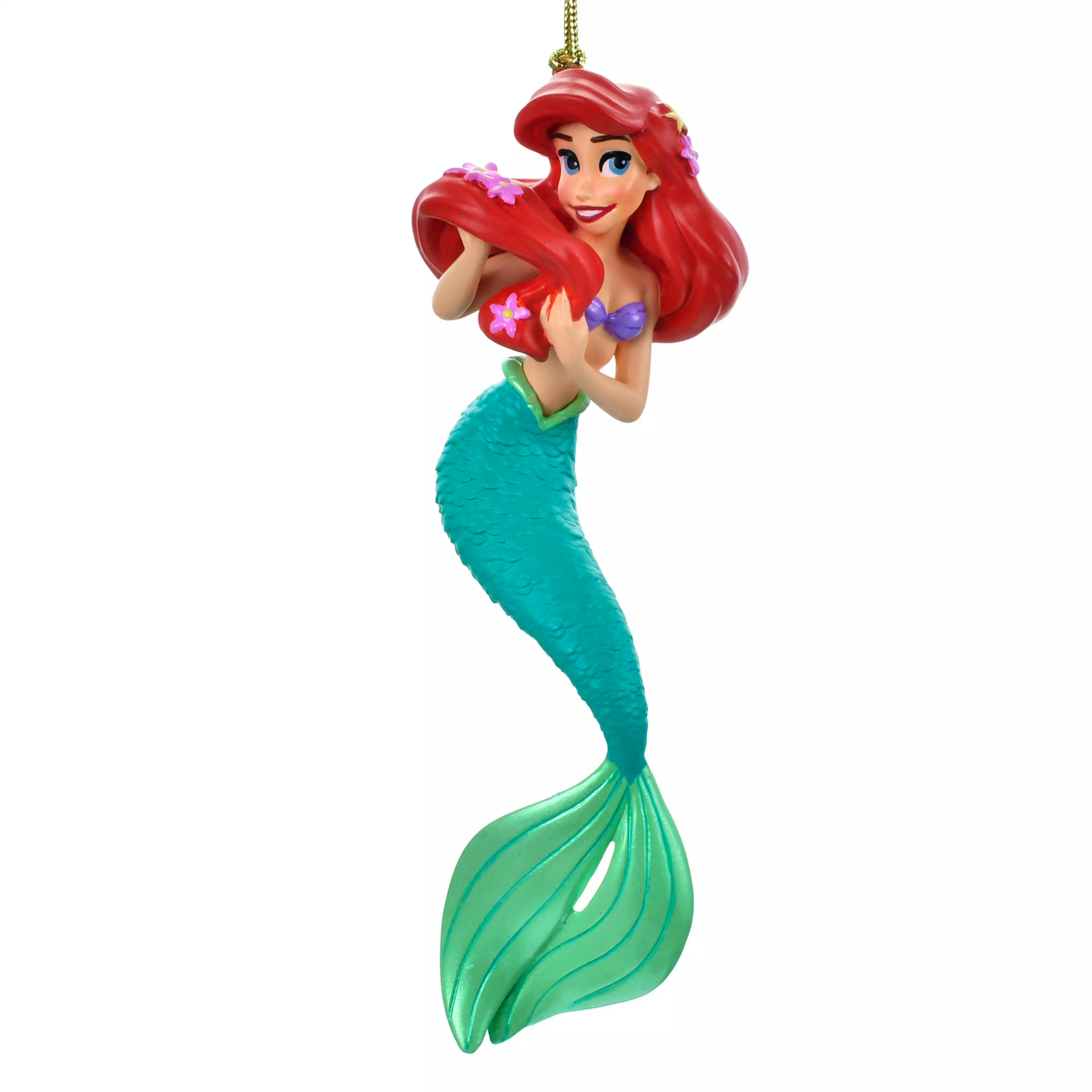 Front view of the Ariel Disney Christmas ornament showing her red hair, purple shell top and green mermaid tail on a white background.