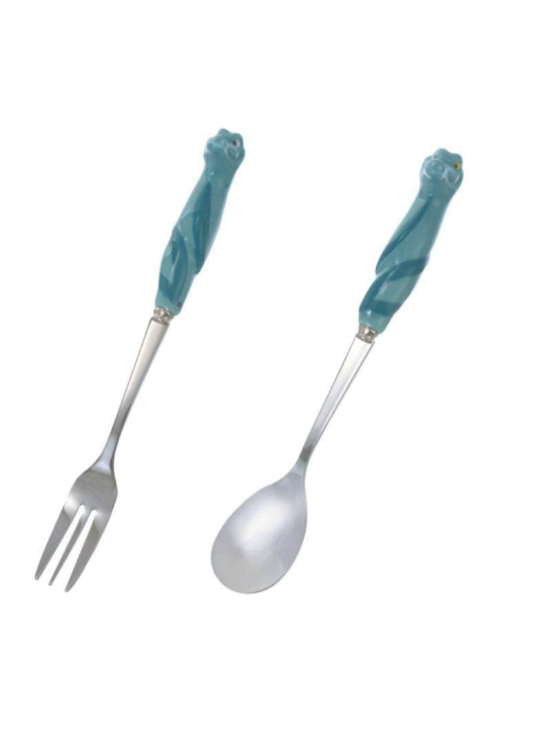 A spoon and fork with teal Flotsam & Jetsam–style handles photographed on a white background.
