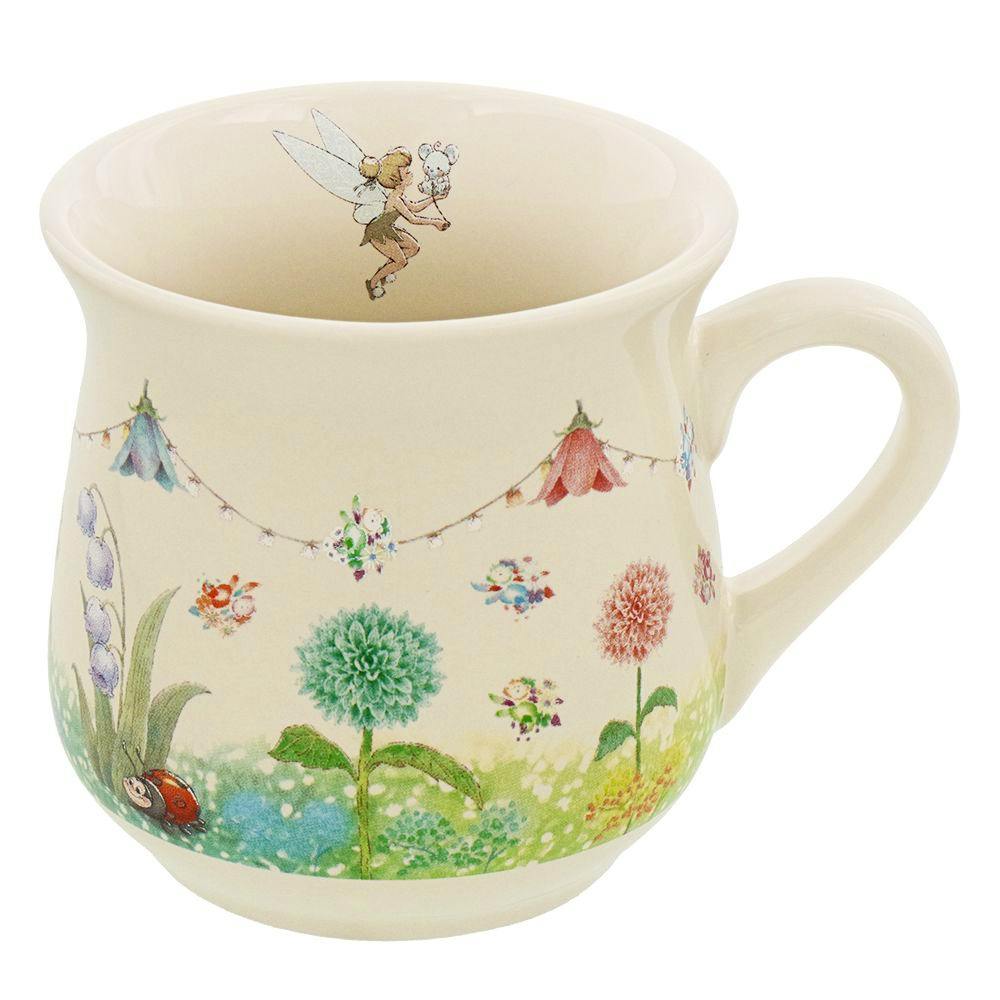 Ceramic mug decorated with Disney Tinker Bell and floral and garden illustrations.