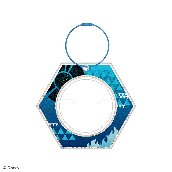 Hexagonal blue-patterned can-badge keychain holder with a circular center opening and an attached blue metal ring.