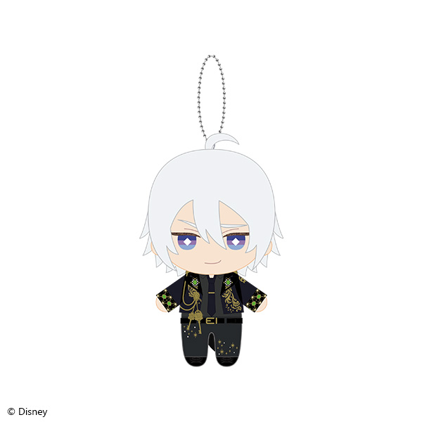 Front-view illustration of the silver mini plush keychain from Disney Twisted-Wonderland 3D Magical Live -Blazing Jewel, showing a chibi character with white hair, black outfit, and attached silver ball chain.
