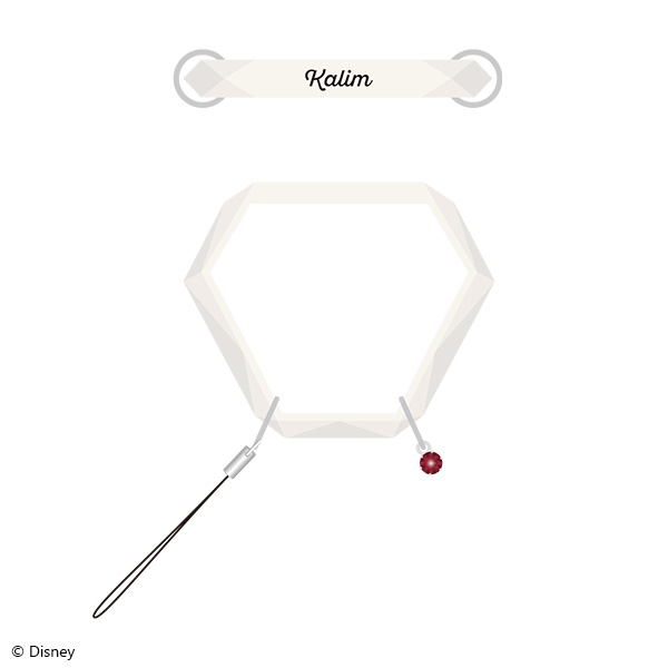 Illustration of a hexagonal pen-light strap with a small red jewel charm and a label reading “Kalim.”