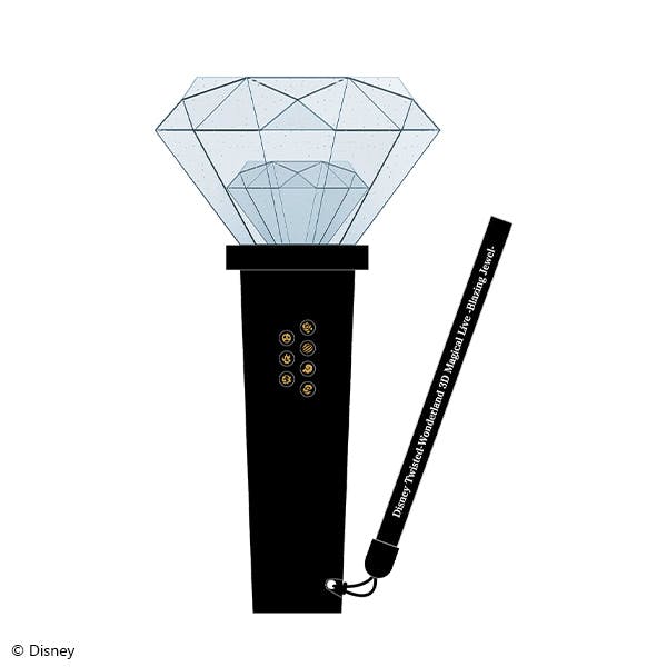 Illustration of the Disney Twisted-Wonderland Blazing Jewel pen light with a black handle, faceted diamond-shaped clear top, and a wrist strap.