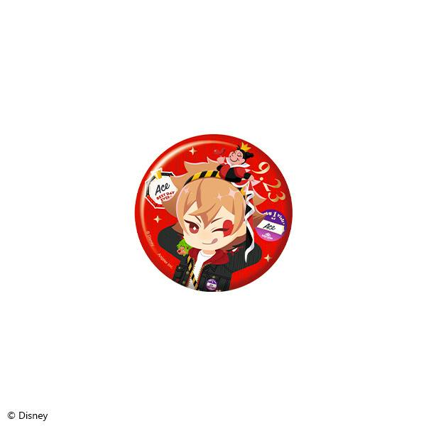 Round red can badge showing a chibi illustration of Ace Trappola from Disney Twisted Wonderland with decorative icons.
