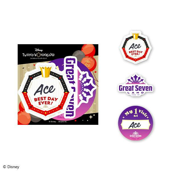 Main image showing the 'Twisted Wonderland' branded backing card and three Ace Trappola stickers.