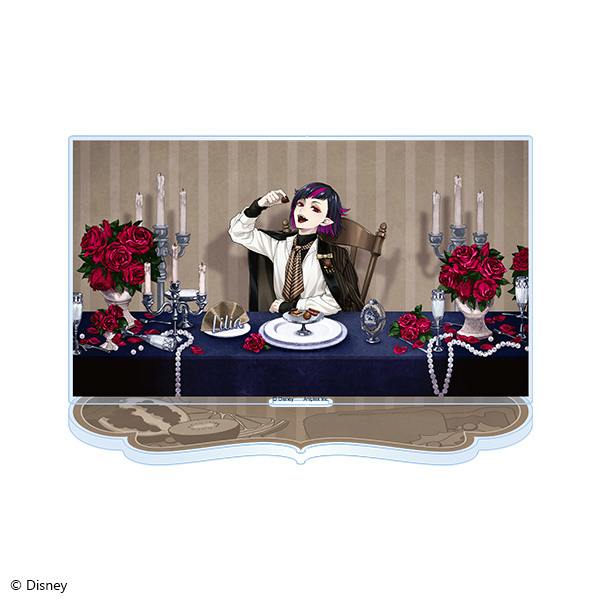 Acrylic stand of Lilia Vanrouge (La Bonbonniere ver.) showing the character seated at a decorated table with roses, candles, and a scalloped display base.