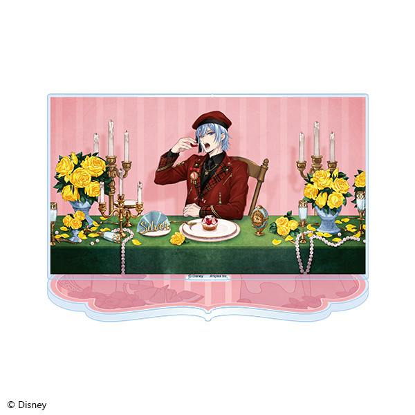 Acrylic decorative stand (La Bonbonniere ver., Silver) showing the character seated at a table with yellow roses, candelabras, a dessert plate, and a pink decorative base.