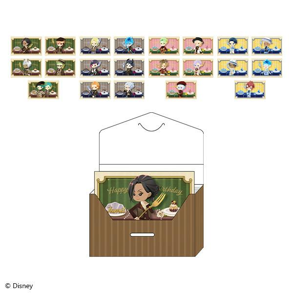 Illustrated birthday card set showing many character cards arranged above and the striped card box with one card inserted.