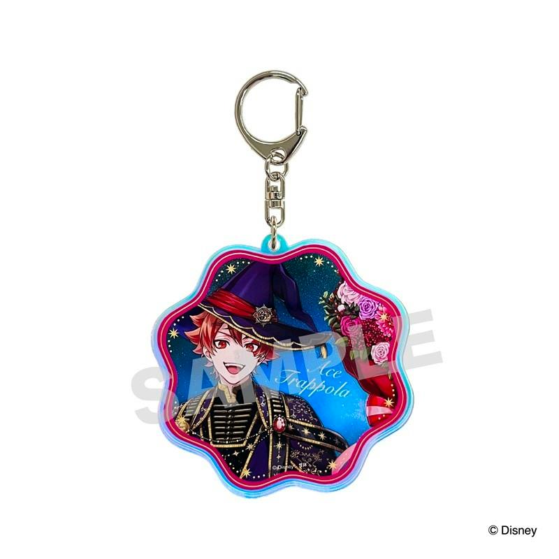 A scalloped flower-shaped acrylic keychain showing Ace Trappola illustration with a metal keyring on a white background.