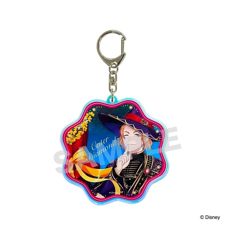 A clear product photo of the acrylic keychain with illustrated character artwork and metal clasp on a white background.