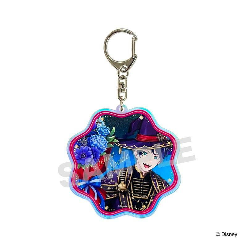 Front view of an acrylic Deuce Spade keychain from Disney Twisted Wonderland showing the character artwork and metal clasp on a white background.