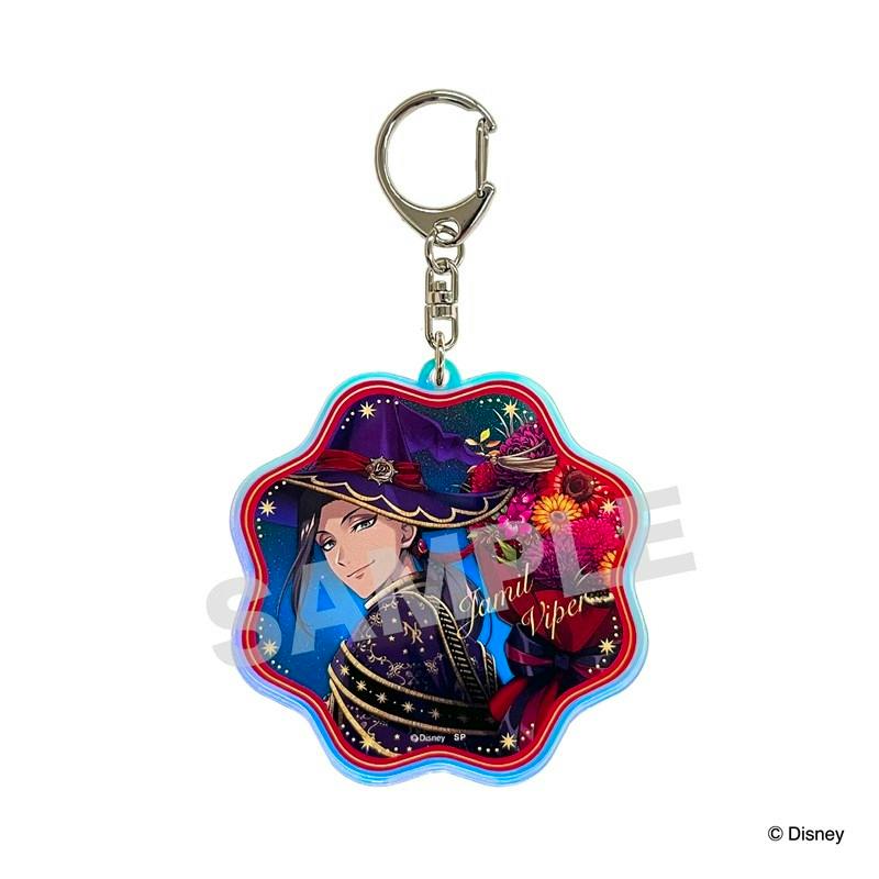 A flower-shaped acrylic keychain featuring Jamil Viper from Twisted Wonderland on a white background, with a metal key ring and a SAMPLE watermark.