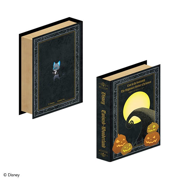 Two views of the Disney Twisted Wonderland book-shaped memo box showing its front and back cover designs.