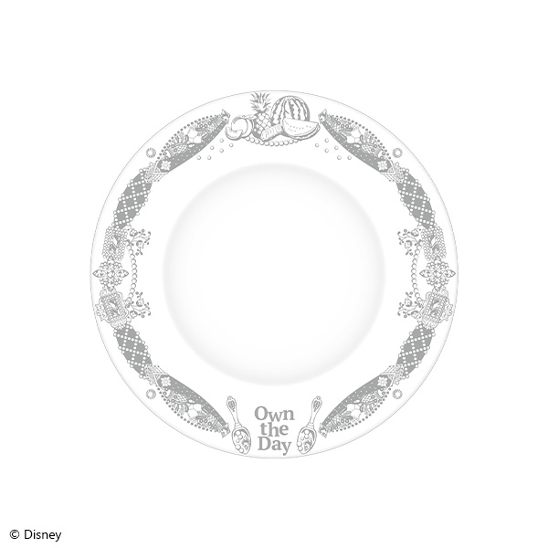 Round ceramic plate with a decorative summer-themed rim and the text "Own the Day" at the bottom.