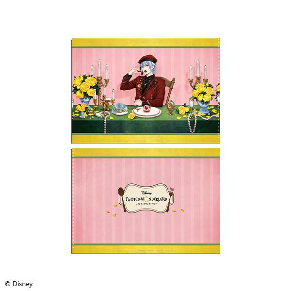 Front and back views of the Twisted Wonderland clear file folder showing a seated character at a table with yellow roses and a pink striped back with the logo.